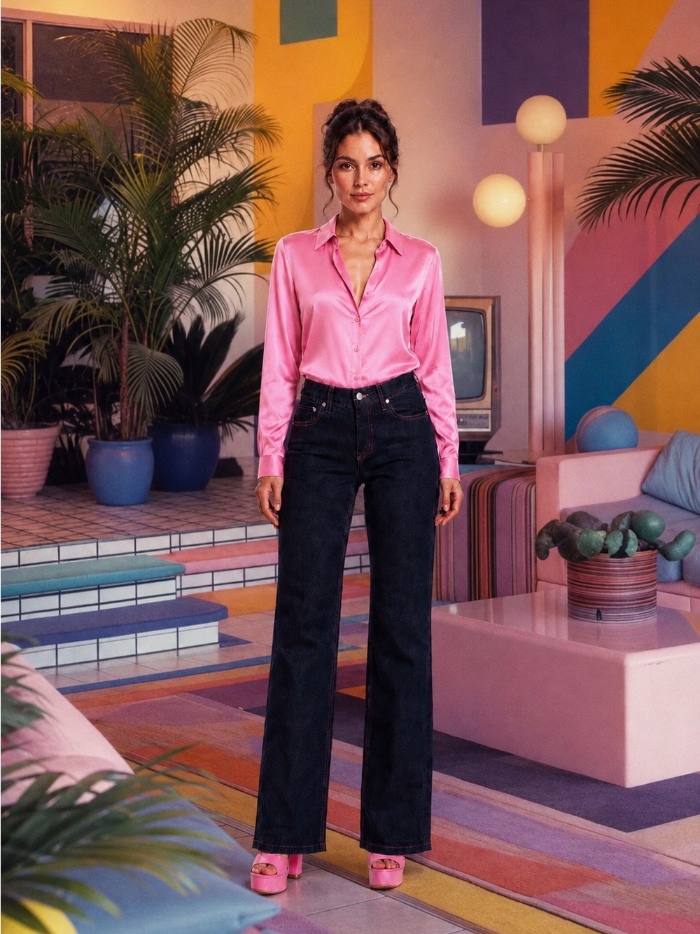 Vintage Moschino dark denim Flared Jeans with Pink Topstitching